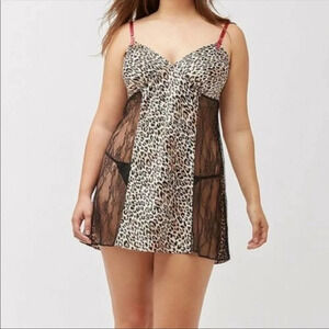 Cacique Intimates Leopard Print Lace Chemise Slip Dress Tan Black 6453